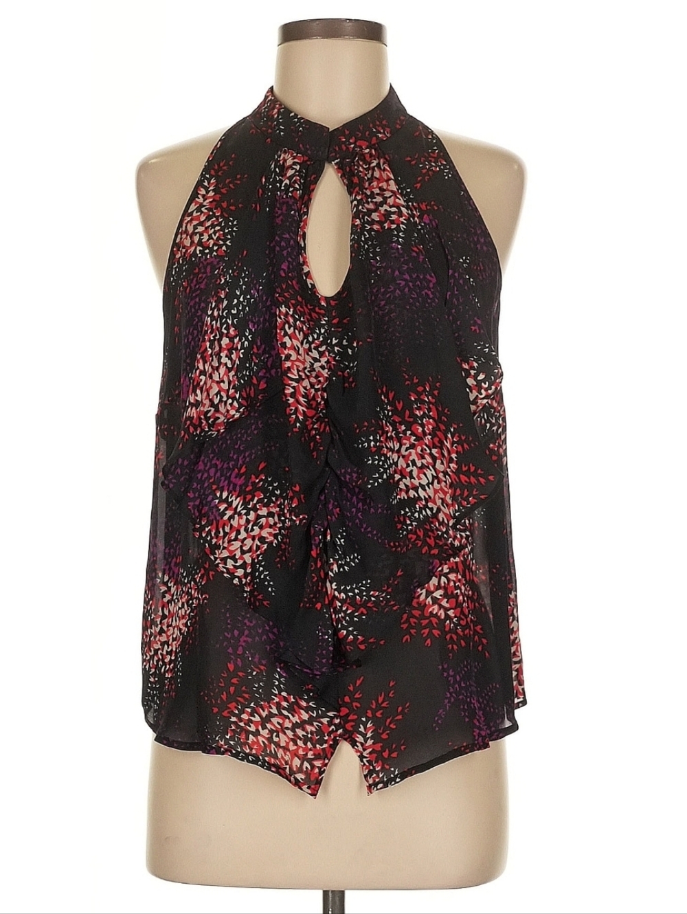 Silk Sleeveless Black Floral Halter Top with Keyhole